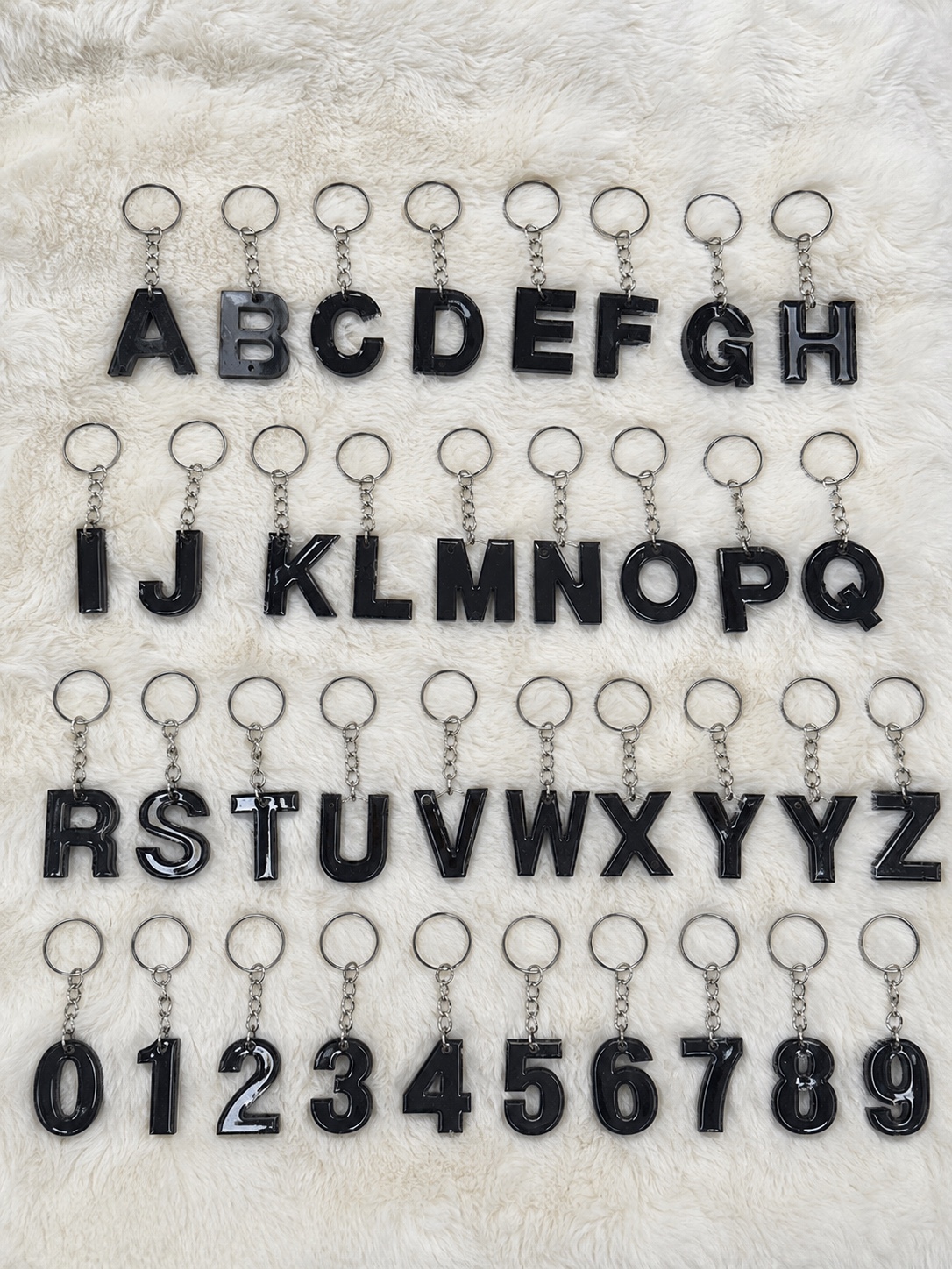 Complete Alphabet & Number Resin Keychain Set – Black Gloss Finish (A–Z & 0–9) | 36 Pieces