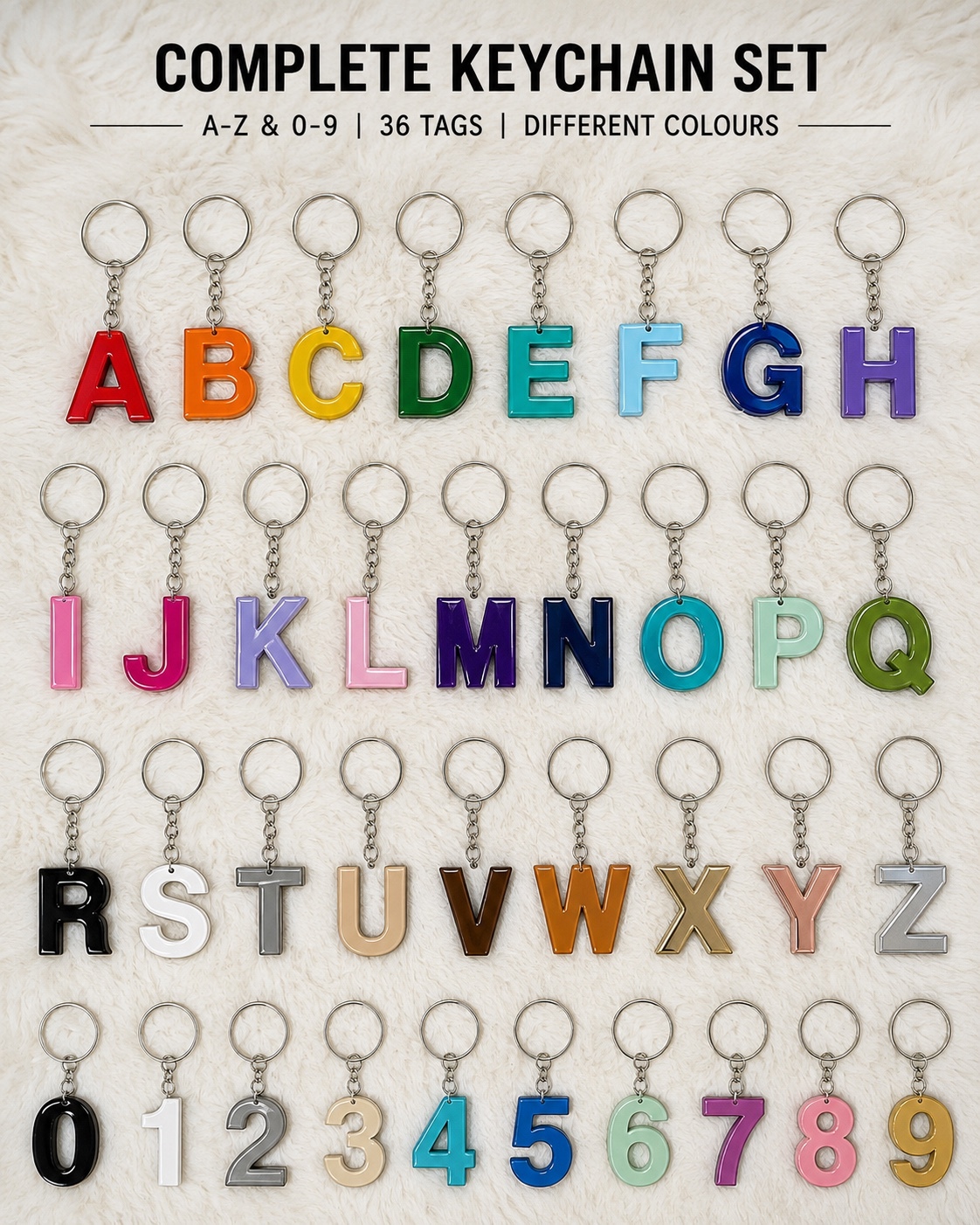 Complete Alphabet & Number Keychain Set (A–Z & 0–9) – 36 Pieces Multicolor Keychain Collection