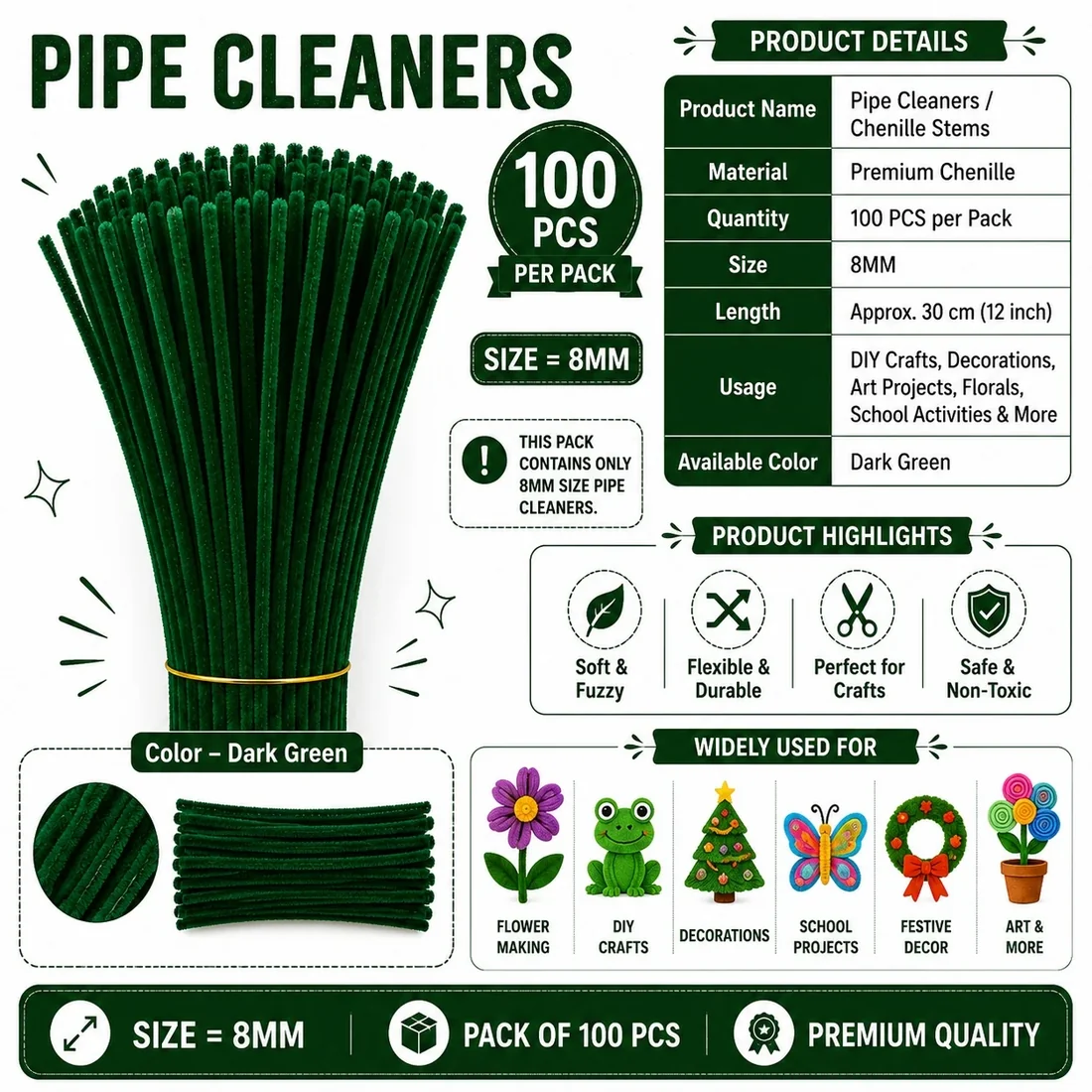 Premium Pipe Cleaners (7-8MM Approx.) (Dark Green)