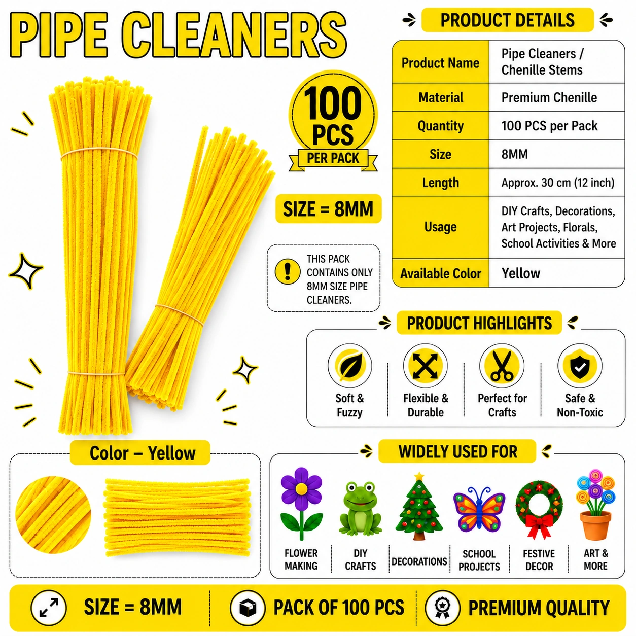 Premium Pipe Cleaners (7-8MM Approx.) (Yellow)