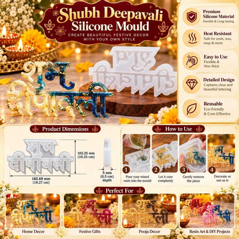 Shubh Deepavali Hindi Text Silicone Mould - 18.27 x 10.23 CM - Festive Resin Casting Mould