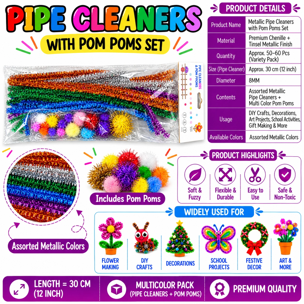 Premium Pipe Cleaners (7-8MM Approx.) (MultiColour and Metallic & Pom-Pom)