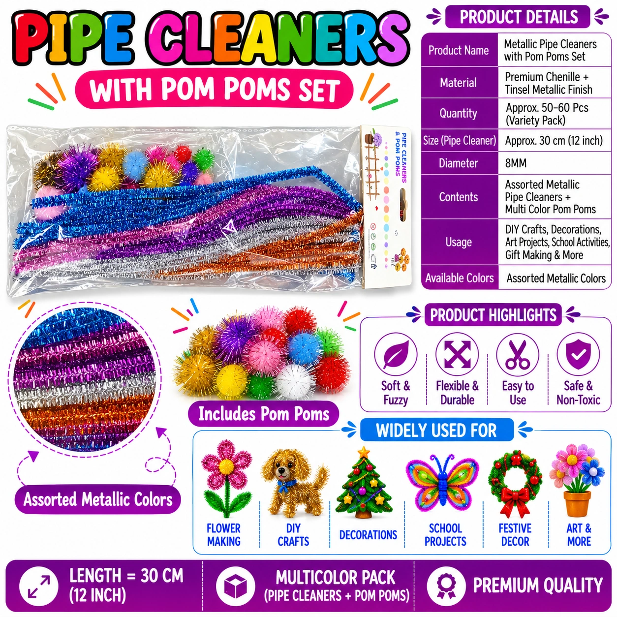 Premium Pipe Cleaners (7-8MM Approx.) (Metallic and Glittery)