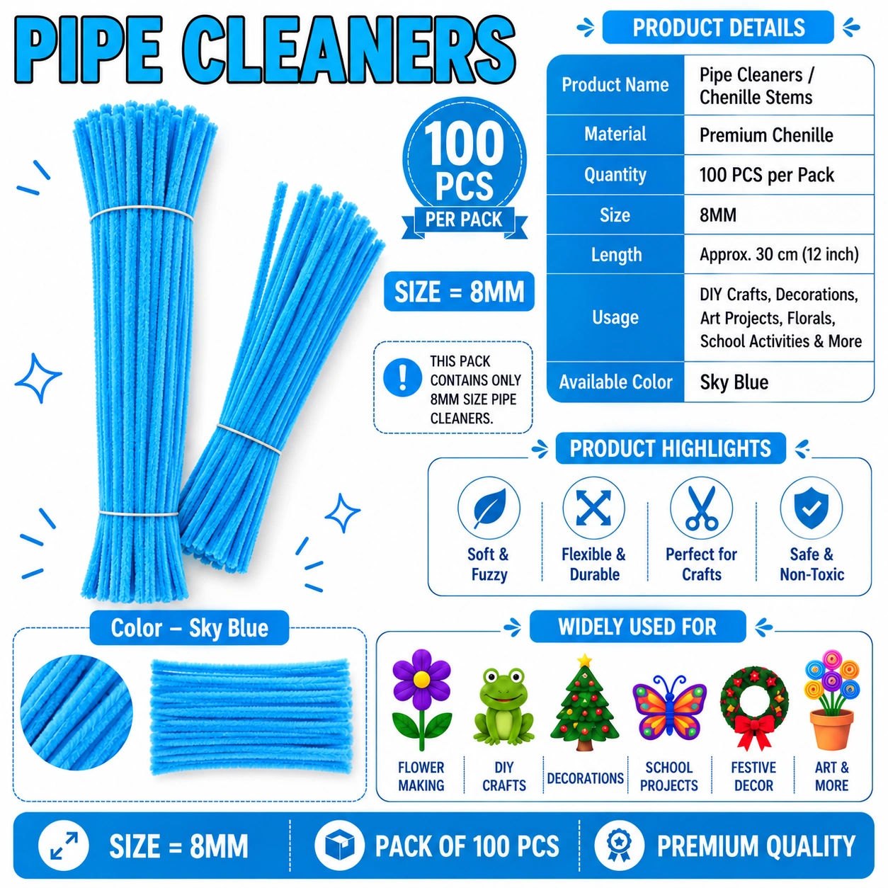 Premium Pipe Cleaners (7-8MM Approx.) (Sky Blue)