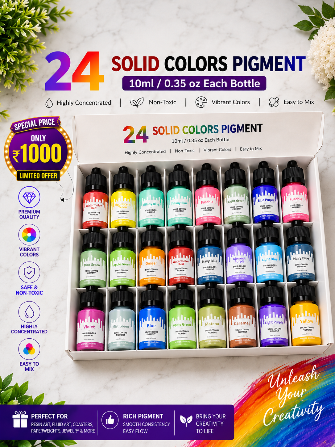 Solid Colors Pigment Set – 24 Vibrant Shades (10ml Each)