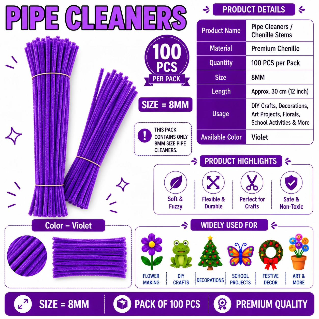 Premium Pipe Cleaners (7-8MM Approx.) (Violet)