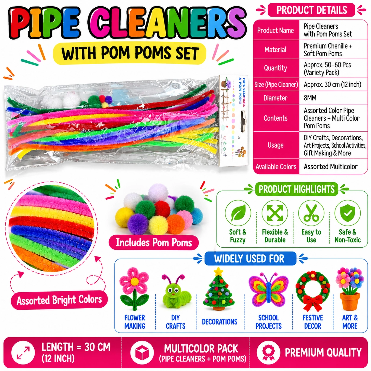 Premium Pipe Cleaners (7-8MM Approx.) (Multicolour with Pom-Pom)