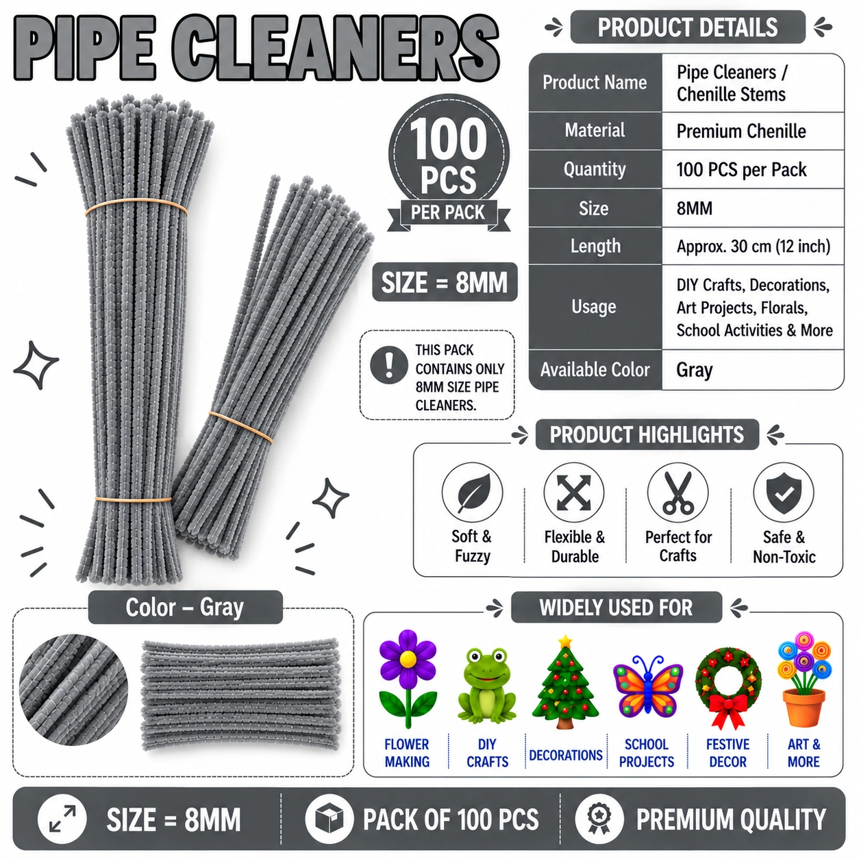 Premium Pipe Cleaners (7-8MM Approx.) (Gray)