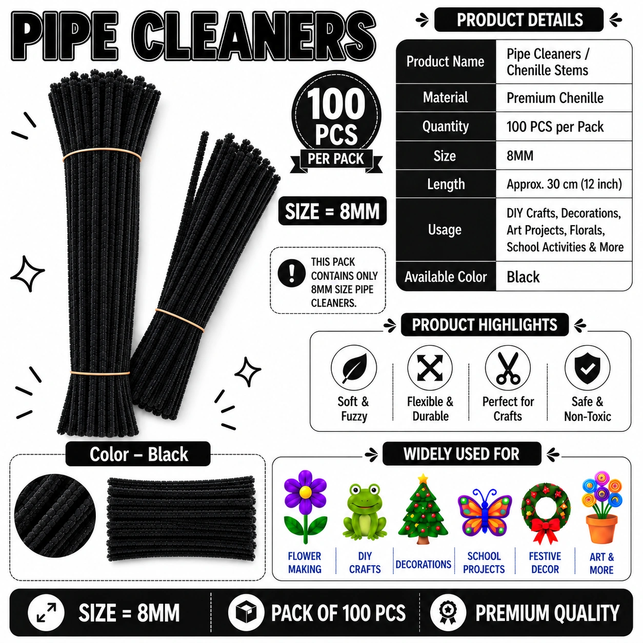 Premium Pipe Cleaners (7-8MM Approx.) (Black)